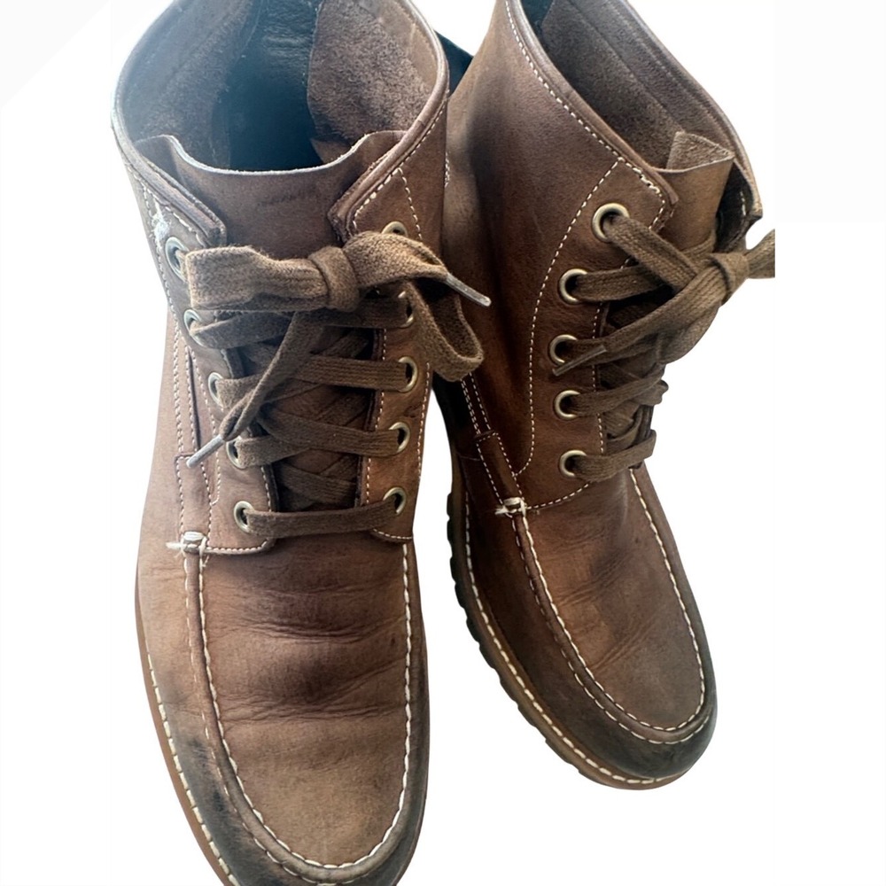 John‎ Varvatos Boots Mens Brown Leather Moc Toe Lug Sole Distressed Lace Up